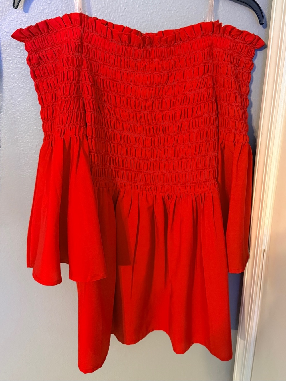 Rouge! Red Off-Shoulder Smocked Tunic